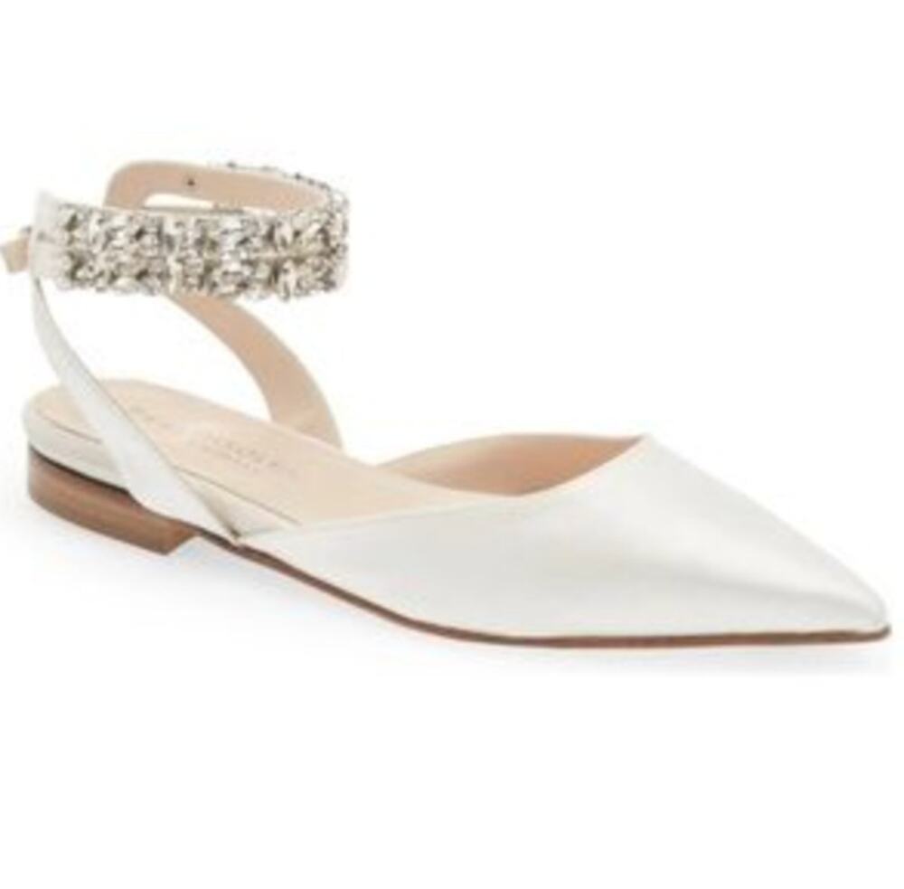 BEAUTIISOLES Cathy Flats 11 White Satin Jewel Ankle Strap Bridal Wedding
